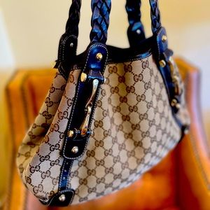 Gucci Brown GG Canvas and Leather Handbag with Horsebit Detail